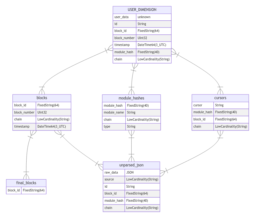 A breakdown of the database structure, where the user dimension is generated by the user provided schema and is augmented by a few columns.