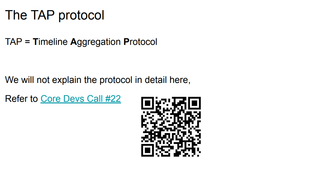 A screenshot of a slide, on which there is a QR code that takes you to the YouTube video of core dev call #22.