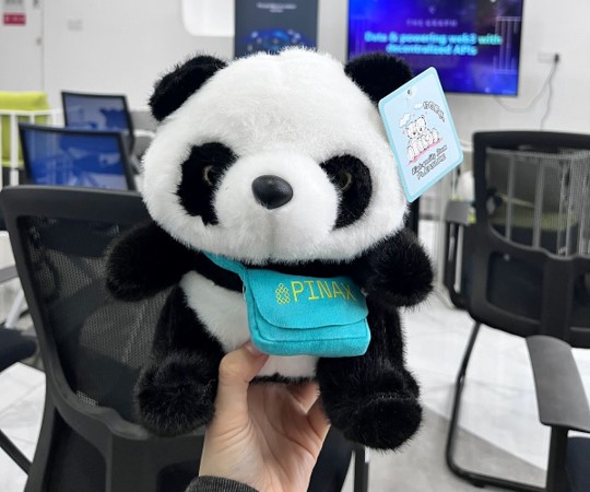 A stuffed panda toy wearing a messenger bag that reads Pinax.