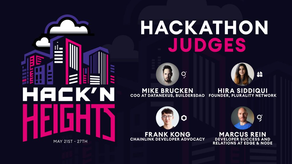 Pictures of the judges with their names and titles underneath. Mike Brucken, COO at Data Nexus and member of BuildersDAO. Hira Siddiqui, founder of Plurality Network. Frank Kong, Chainlink Developer Advocacy. Marcus Rein, Developer Success and Relations at Edge & Node.