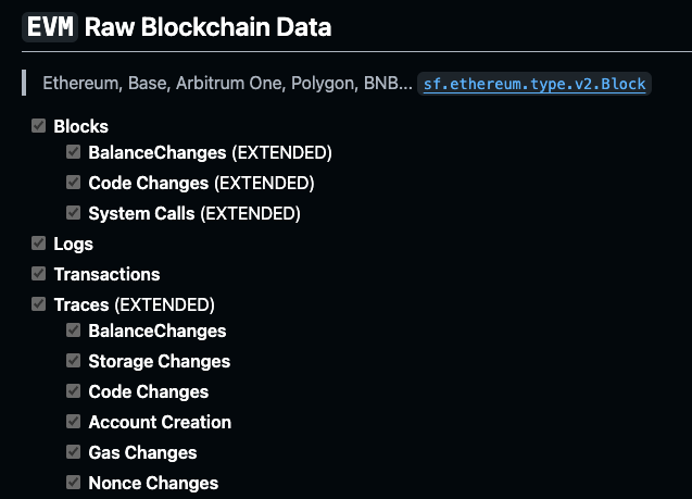 A screenshot of EVM raw blockchain data, showing blocks, logs, transactions, and traces.